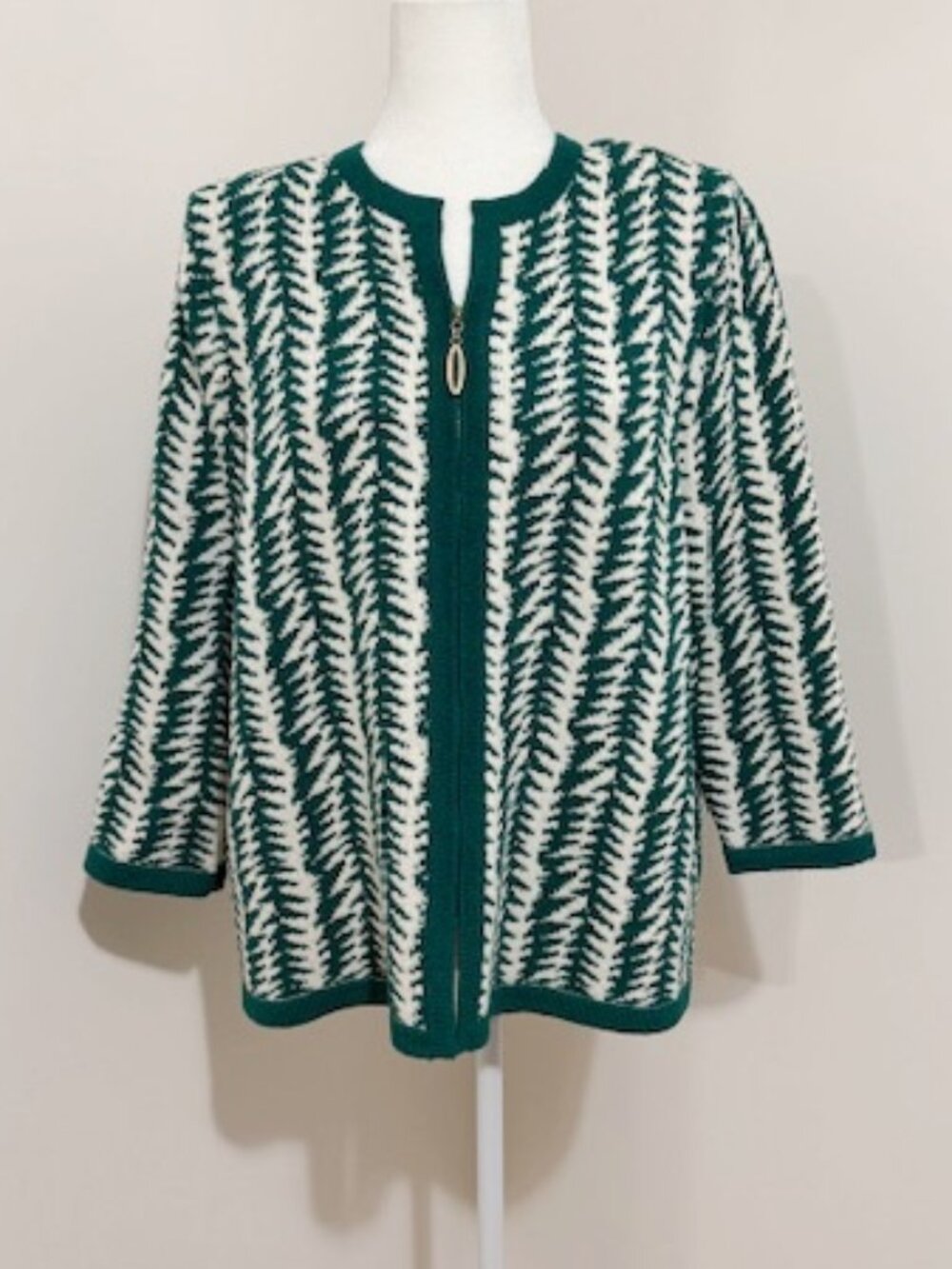 The Michael Collection Cardigan Sweater Green Cream Geomtric Zip Front Size XL
